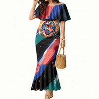 Hispanic Heritage Month Unidos We Rise Mermaid Dress Vibrant Sunflower Flags - Globe Graphic With Splatter Paint