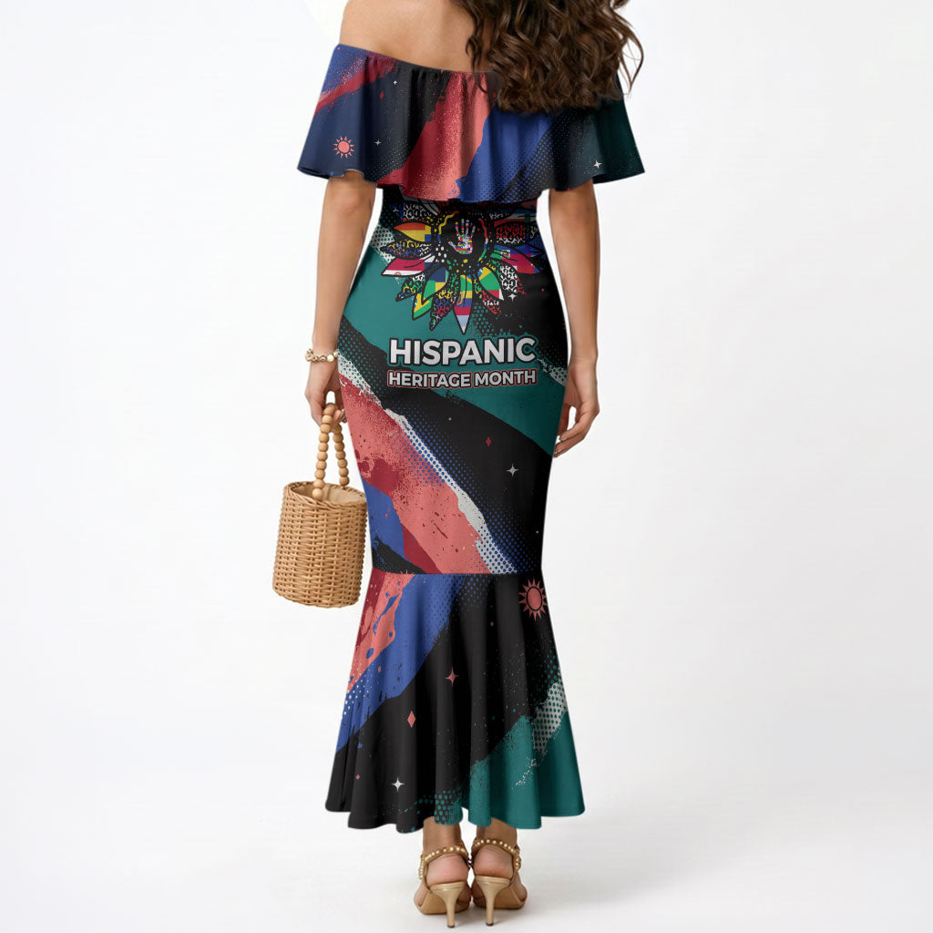 Hispanic Heritage Month Unidos We Rise Mermaid Dress Vibrant Sunflower Flags - Globe Graphic With Splatter Paint