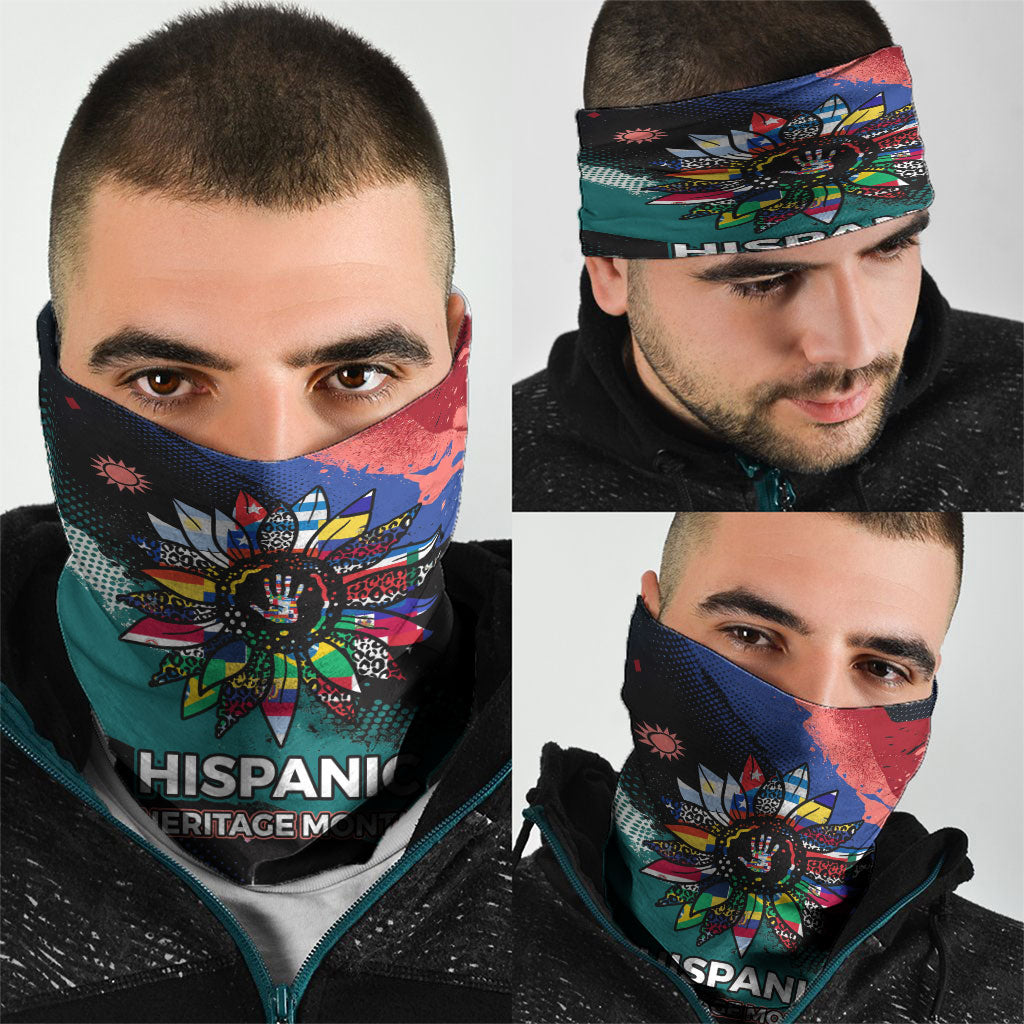 Hispanic Heritage Month Unidos We Rise Neck Gaiter Vibrant Sunflower Flags - Globe Graphic With Splatter Paint