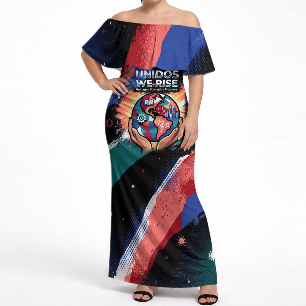 Hispanic Heritage Month Unidos We Rise Off Shoulder Maxi Dress Vibrant Sunflower Flags - Globe Graphic With Splatter Paint