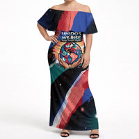 Hispanic Heritage Month Unidos We Rise Off Shoulder Maxi Dress Vibrant Sunflower Flags - Globe Graphic With Splatter Paint