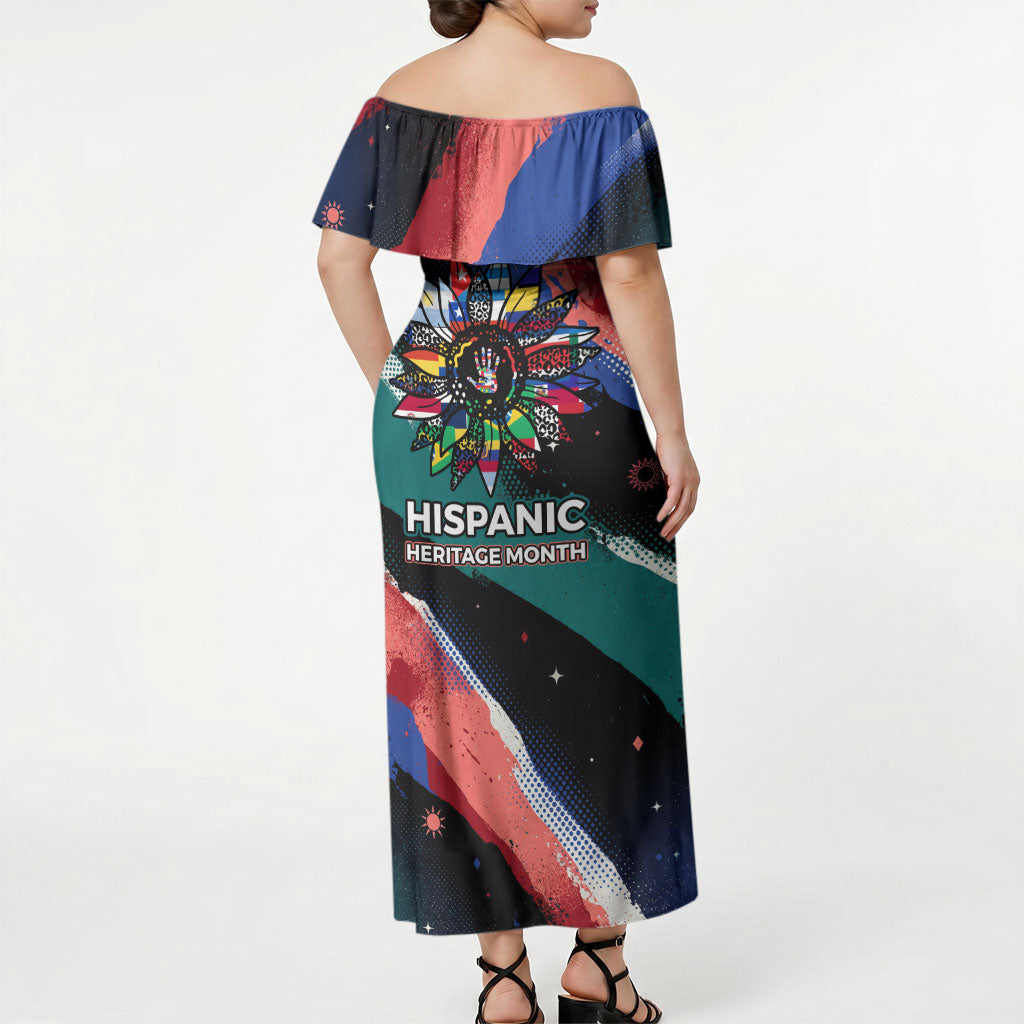 Hispanic Heritage Month Unidos We Rise Off Shoulder Maxi Dress Vibrant Sunflower Flags - Globe Graphic With Splatter Paint