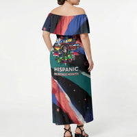 Hispanic Heritage Month Unidos We Rise Off Shoulder Maxi Dress Vibrant Sunflower Flags - Globe Graphic With Splatter Paint