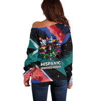Hispanic Heritage Month Unidos We Rise Off Shoulder Sweater Vibrant Sunflower Flags - Globe Graphic With Splatter Paint