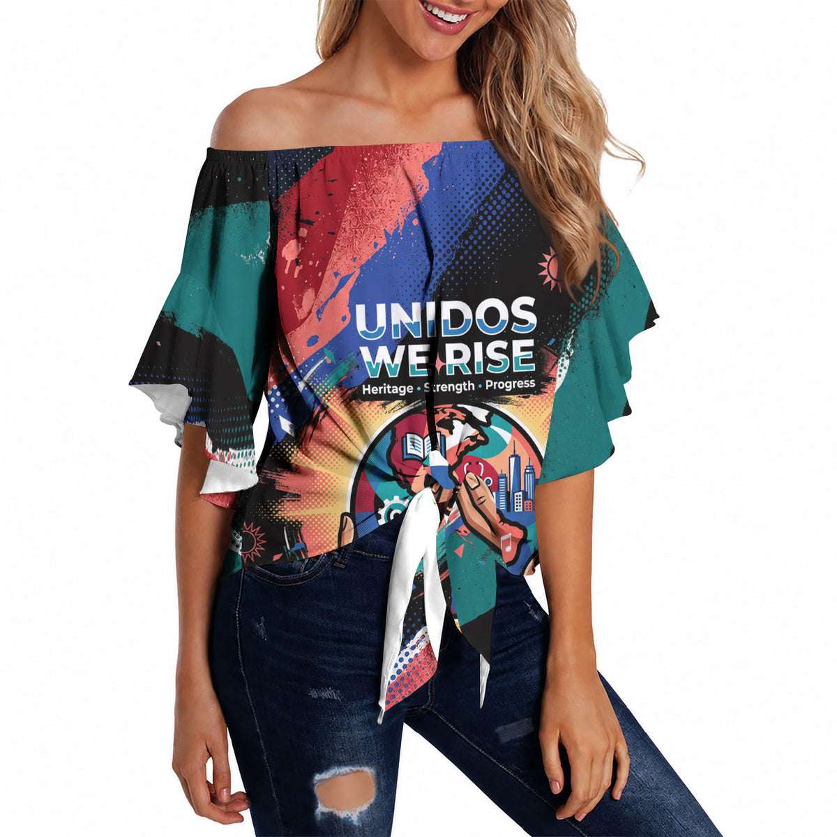 Hispanic Heritage Month Unidos We Rise Off Shoulder Wrap Waist Top Vibrant Sunflower Flags - Globe Graphic With Splatter Paint
