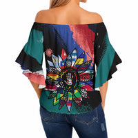 Hispanic Heritage Month Unidos We Rise Off Shoulder Wrap Waist Top Vibrant Sunflower Flags - Globe Graphic With Splatter Paint