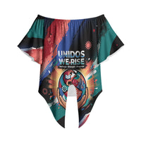 Hispanic Heritage Month Unidos We Rise Off Shoulder Wrap Waist Top Vibrant Sunflower Flags - Globe Graphic With Splatter Paint