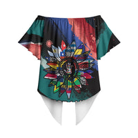 Hispanic Heritage Month Unidos We Rise Off Shoulder Wrap Waist Top Vibrant Sunflower Flags - Globe Graphic With Splatter Paint
