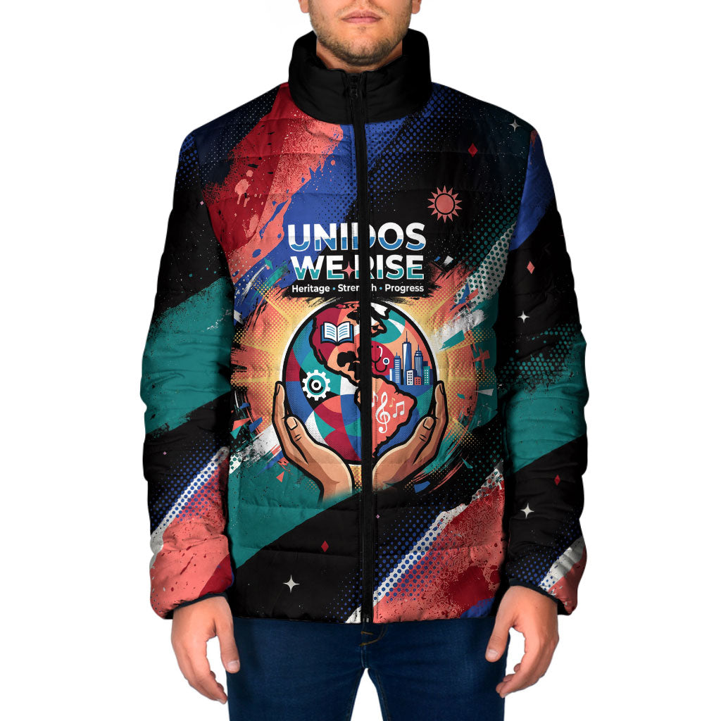 Hispanic Heritage Month Unidos We Rise Padded Jacket Vibrant Sunflower Flags - Globe Graphic With Splatter Paint