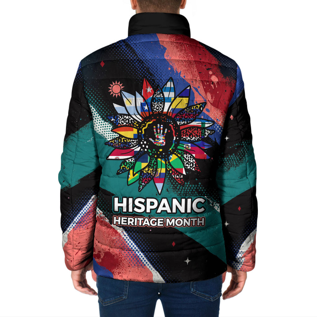 Hispanic Heritage Month Unidos We Rise Padded Jacket Vibrant Sunflower Flags - Globe Graphic With Splatter Paint
