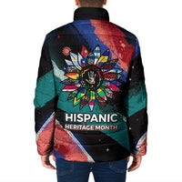 Hispanic Heritage Month Unidos We Rise Padded Jacket Vibrant Sunflower Flags - Globe Graphic With Splatter Paint
