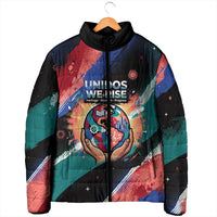 Hispanic Heritage Month Unidos We Rise Padded Jacket Vibrant Sunflower Flags - Globe Graphic With Splatter Paint