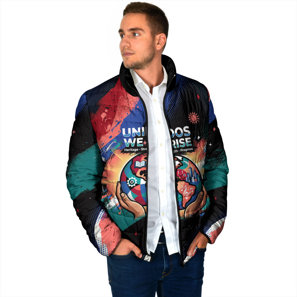 Hispanic Heritage Month Unidos We Rise Padded Jacket Vibrant Sunflower Flags - Globe Graphic With Splatter Paint