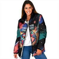 Hispanic Heritage Month Unidos We Rise Padded Jacket Vibrant Sunflower Flags - Globe Graphic With Splatter Paint