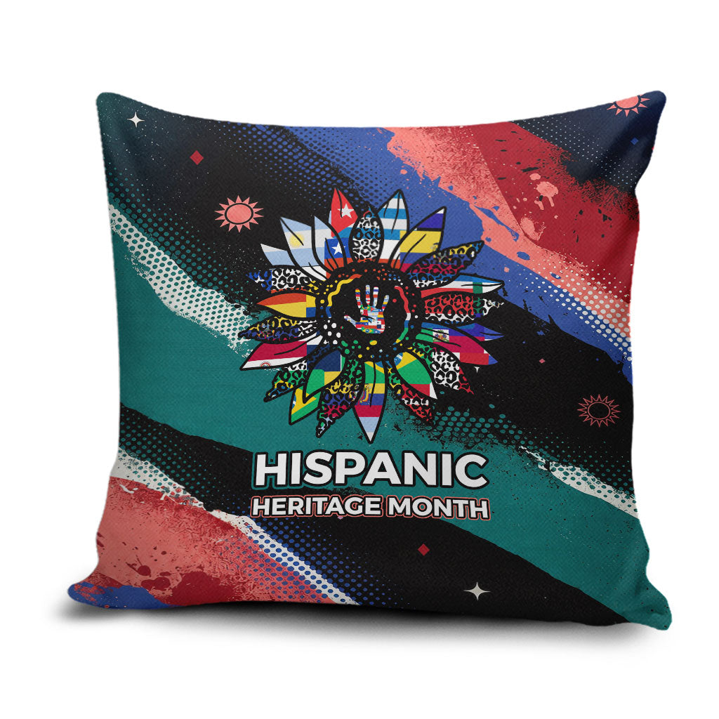 Hispanic Heritage Month Unidos We Rise Pillow Cover Vibrant Sunflower Flags - Globe Graphic With Splatter Paint