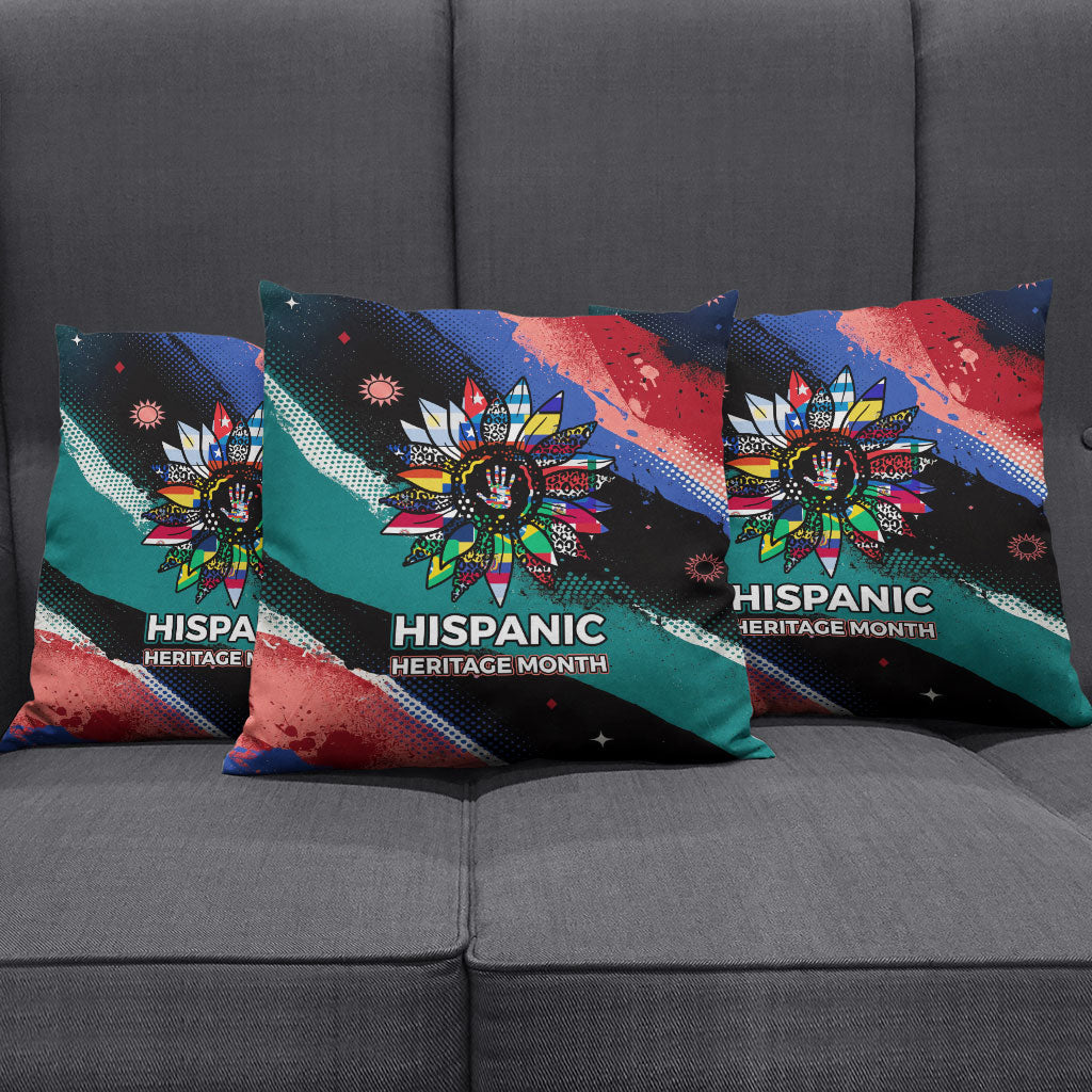Hispanic Heritage Month Unidos We Rise Pillow Cover Vibrant Sunflower Flags - Globe Graphic With Splatter Paint