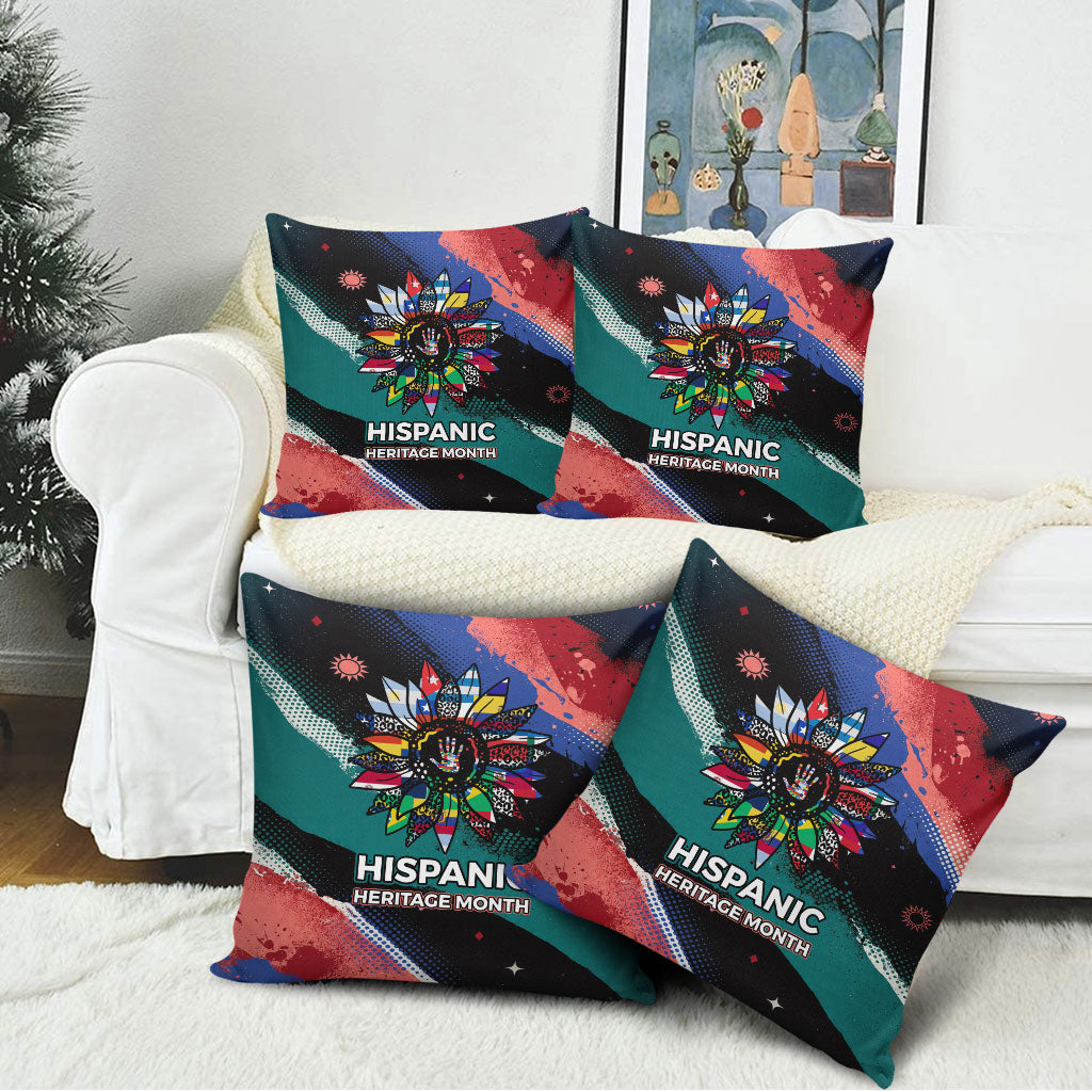 Hispanic Heritage Month Unidos We Rise Pillow Cover Vibrant Sunflower Flags - Globe Graphic With Splatter Paint