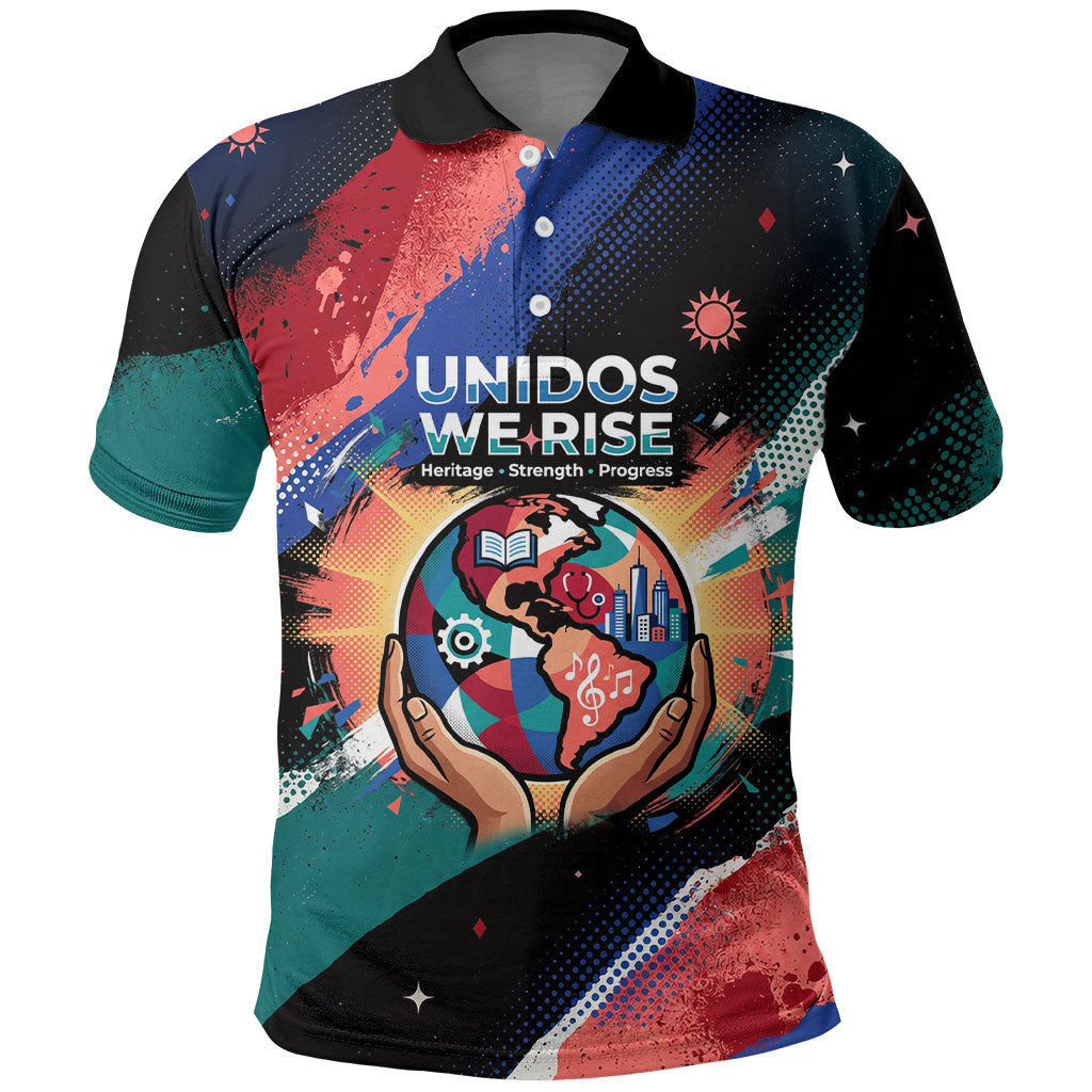 Hispanic Heritage Month Unidos We Rise Polo Shirt Vibrant Sunflower Flags - Globe Graphic With Splatter Paint