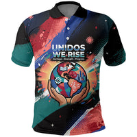 Hispanic Heritage Month Unidos We Rise Polo Shirt Vibrant Sunflower Flags - Globe Graphic With Splatter Paint