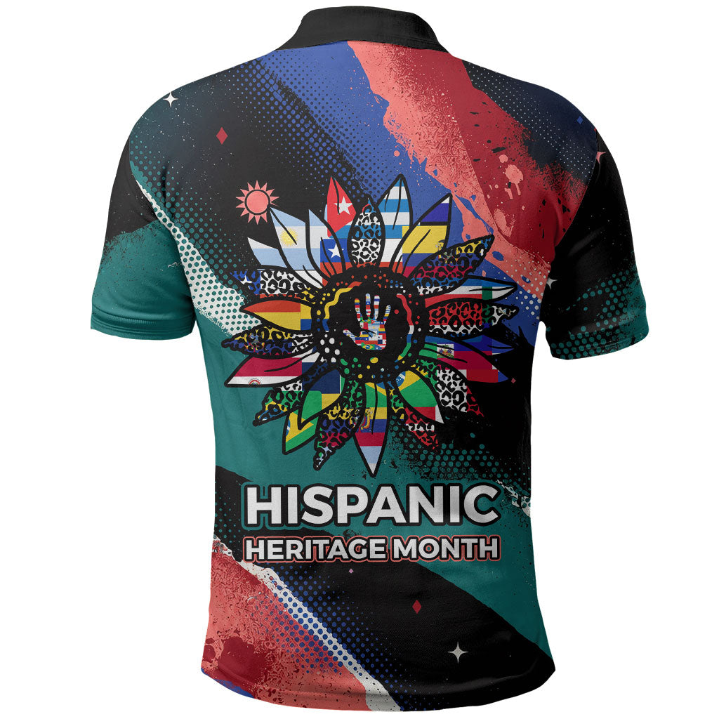 Hispanic Heritage Month Unidos We Rise Polo Shirt Vibrant Sunflower Flags - Globe Graphic With Splatter Paint