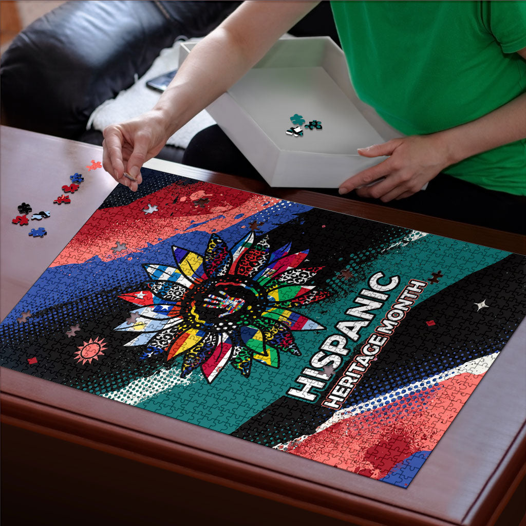 Hispanic Heritage Month Unidos We Rise Puzzle Vibrant Sunflower Flags - Globe Graphic With Splatter Paint