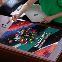 Hispanic Heritage Month Unidos We Rise Puzzle Vibrant Sunflower Flags - Globe Graphic With Splatter Paint