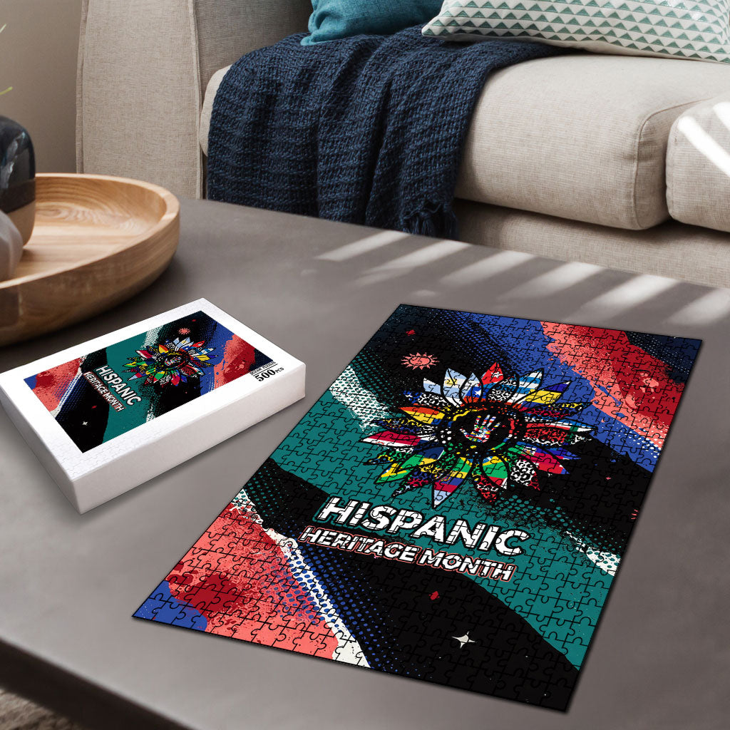 Hispanic Heritage Month Unidos We Rise Puzzle Vibrant Sunflower Flags - Globe Graphic With Splatter Paint