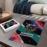 Hispanic Heritage Month Unidos We Rise Puzzle Vibrant Sunflower Flags - Globe Graphic With Splatter Paint