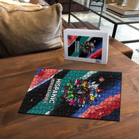 Hispanic Heritage Month Unidos We Rise Puzzle Vibrant Sunflower Flags - Globe Graphic With Splatter Paint