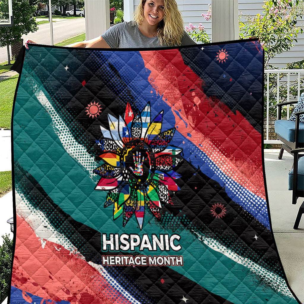 Hispanic Heritage Month Unidos We Rise Quilt Vibrant Sunflower Flags - Globe Graphic With Splatter Paint