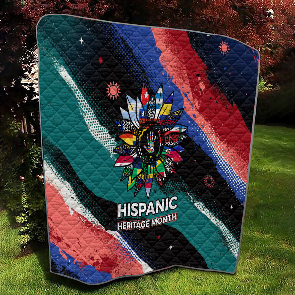 Hispanic Heritage Month Unidos We Rise Quilt Vibrant Sunflower Flags - Globe Graphic With Splatter Paint