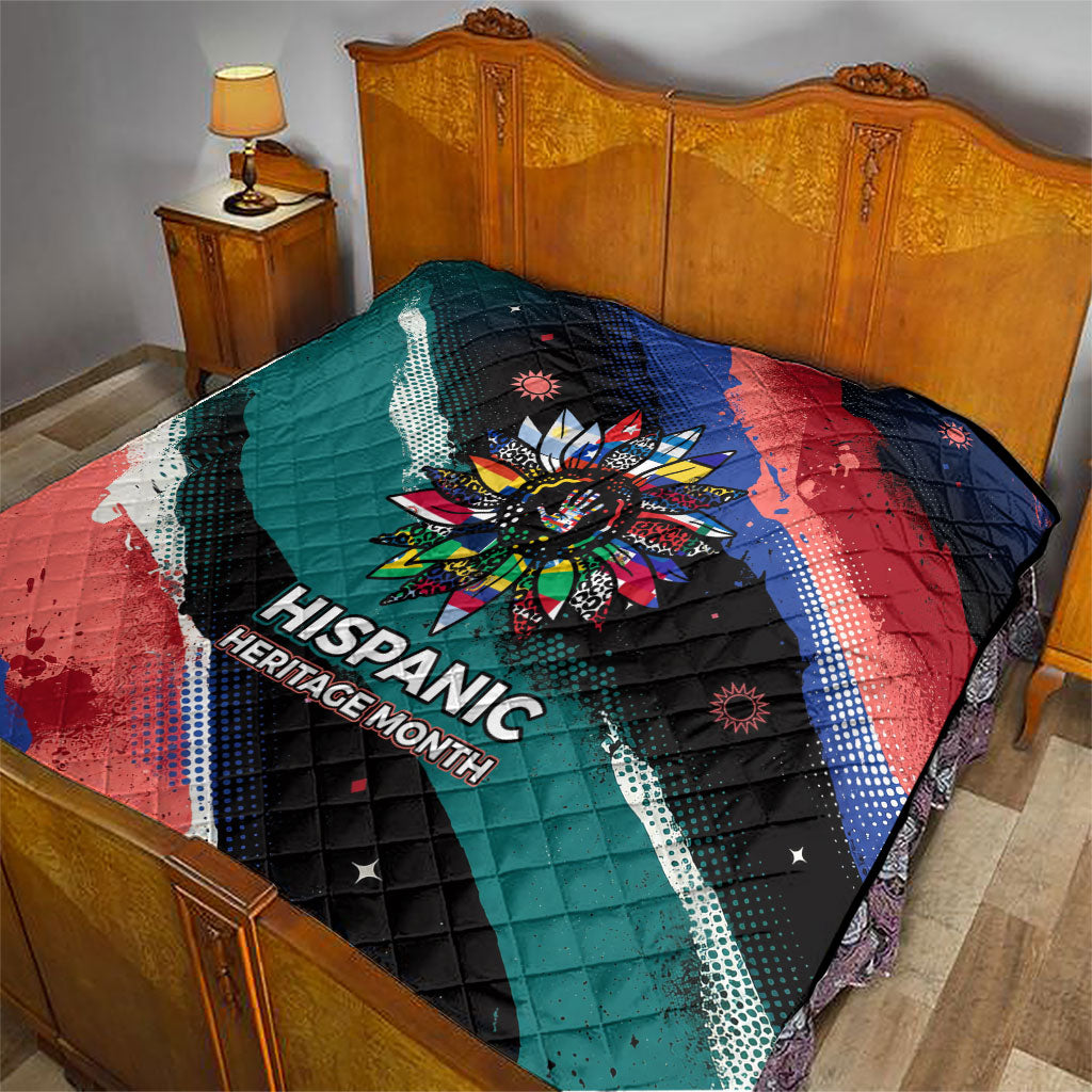 Hispanic Heritage Month Unidos We Rise Quilt Vibrant Sunflower Flags - Globe Graphic With Splatter Paint