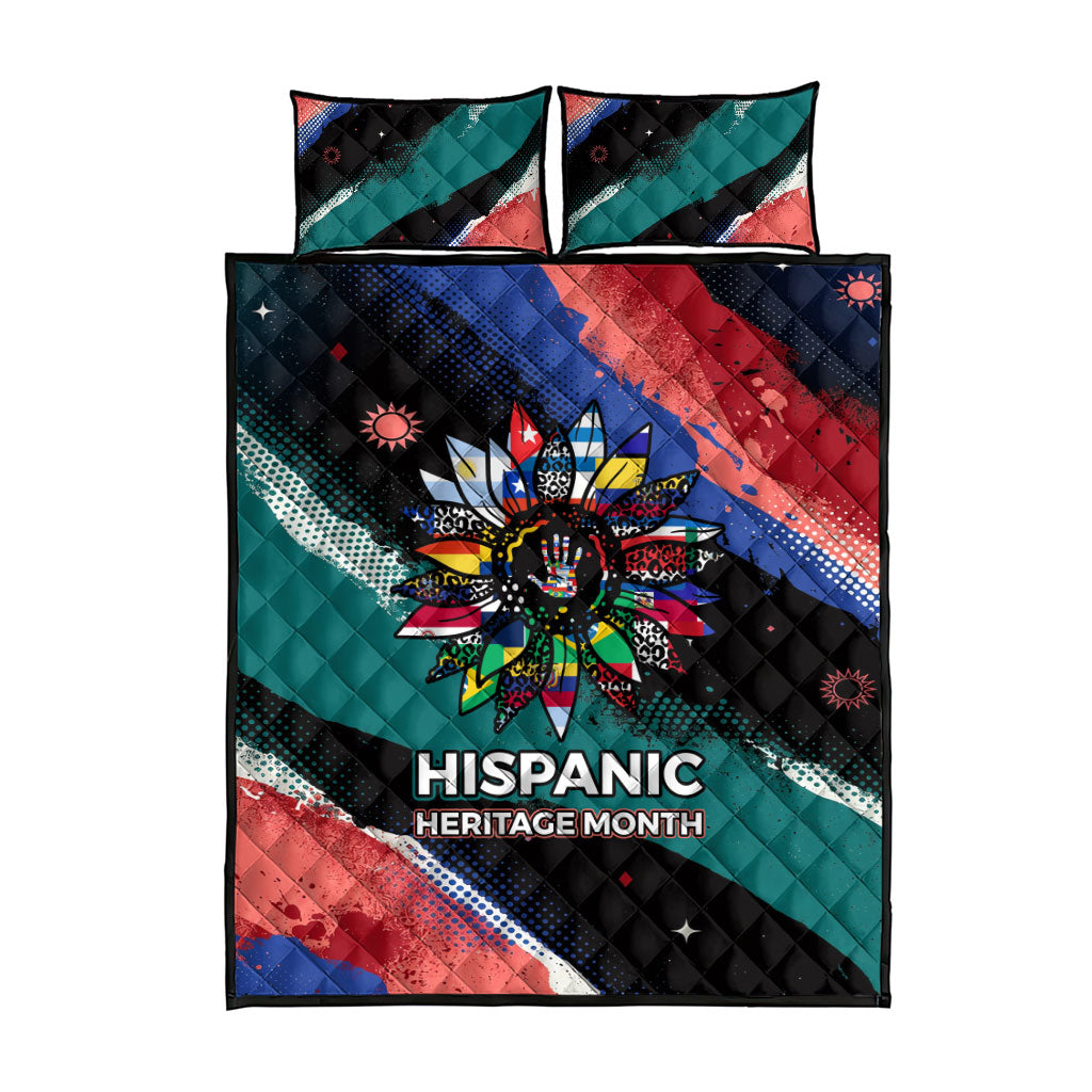 Hispanic Heritage Month Unidos We Rise Quilt Bed Set Vibrant Sunflower Flags - Globe Graphic With Splatter Paint