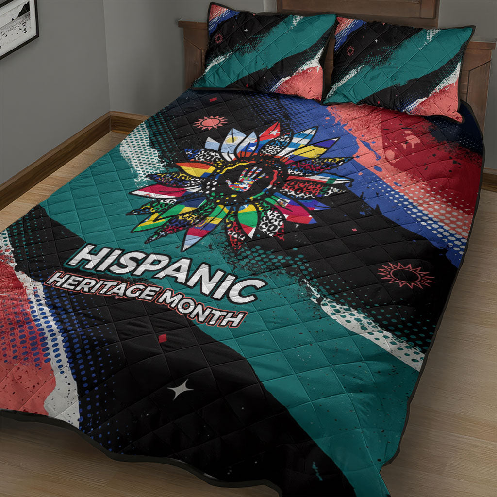 Hispanic Heritage Month Unidos We Rise Quilt Bed Set Vibrant Sunflower Flags - Globe Graphic With Splatter Paint