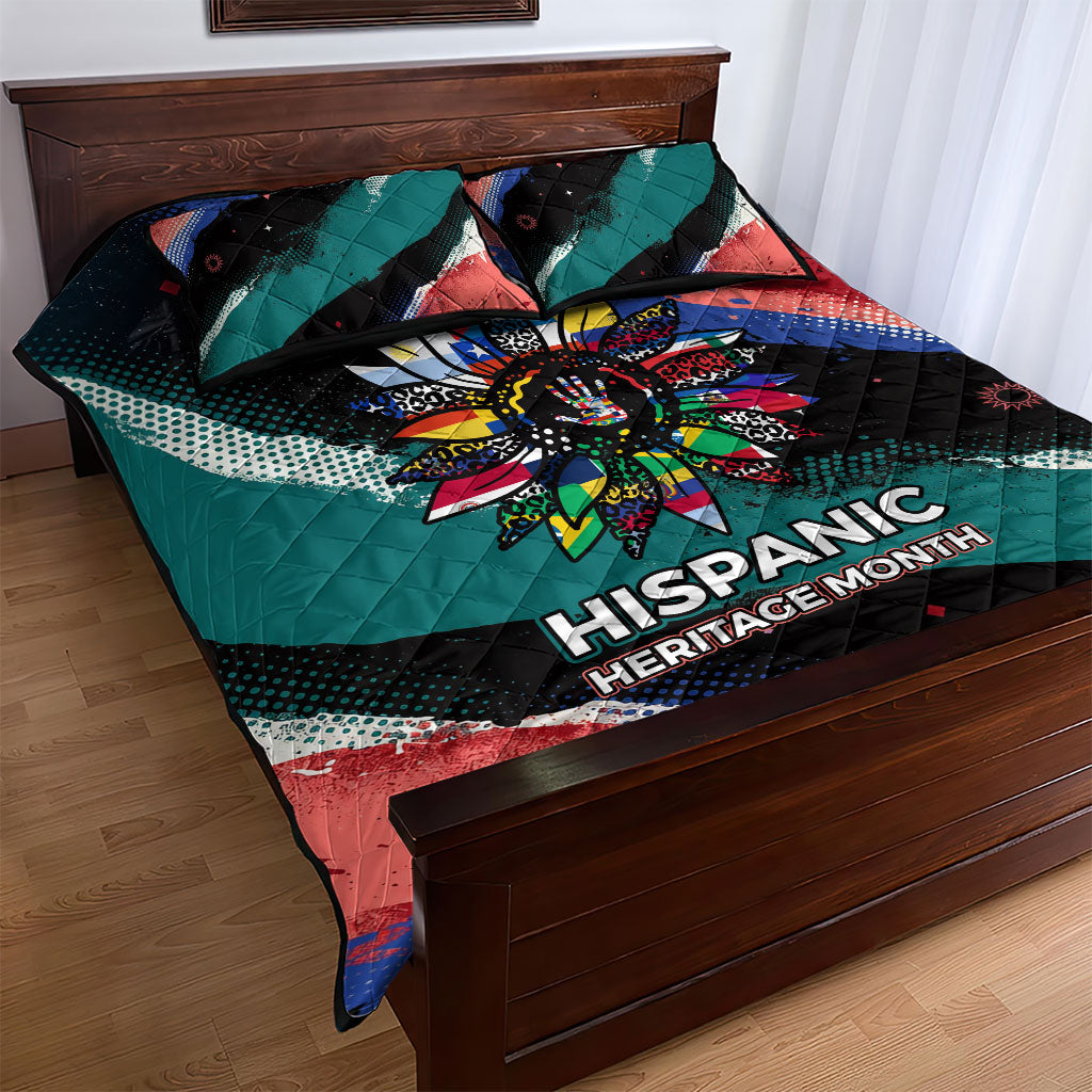 Hispanic Heritage Month Unidos We Rise Quilt Bed Set Vibrant Sunflower Flags - Globe Graphic With Splatter Paint