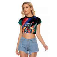 Hispanic Heritage Month Unidos We Rise Raglan Cropped T Shirt Vibrant Sunflower Flags - Globe Graphic With Splatter Paint