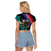 Hispanic Heritage Month Unidos We Rise Raglan Cropped T Shirt Vibrant Sunflower Flags - Globe Graphic With Splatter Paint