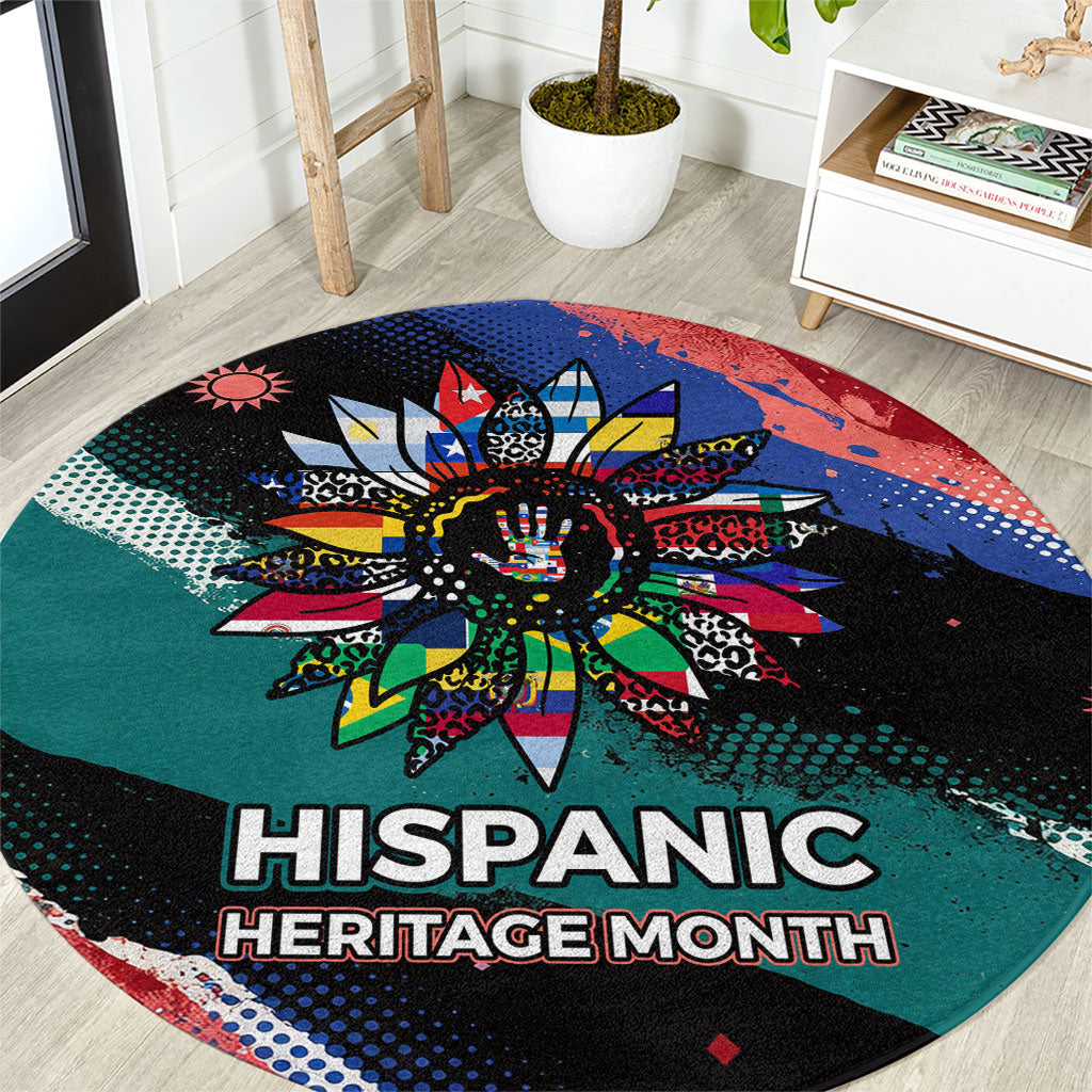 Hispanic Heritage Month Unidos We Rise Round Carpet Vibrant Sunflower Flags - Globe Graphic With Splatter Paint