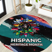 Hispanic Heritage Month Unidos We Rise Round Carpet Vibrant Sunflower Flags - Globe Graphic With Splatter Paint