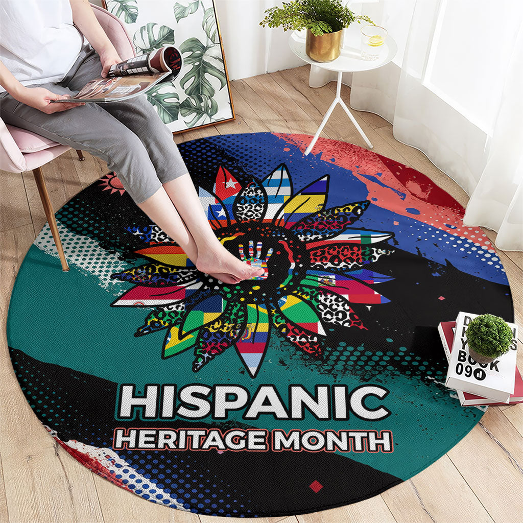Hispanic Heritage Month Unidos We Rise Round Carpet Vibrant Sunflower Flags - Globe Graphic With Splatter Paint