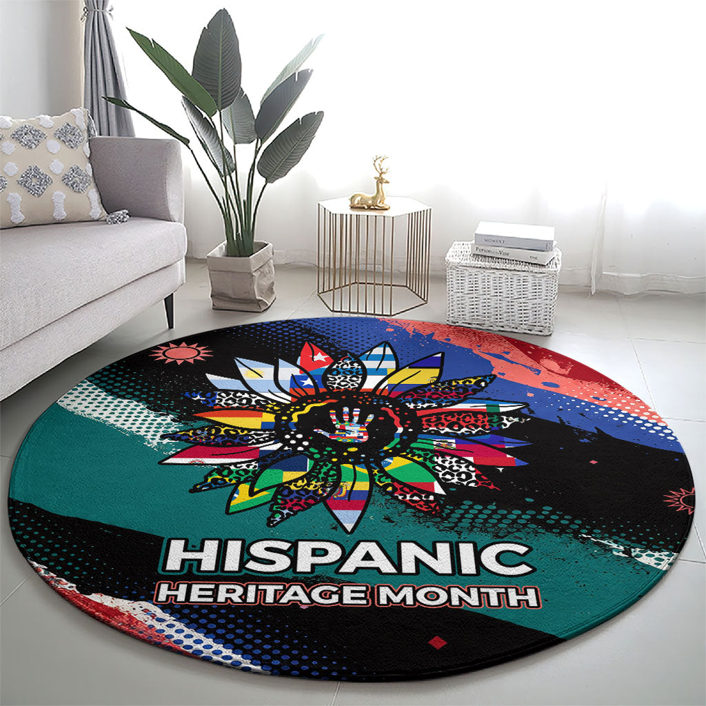 Hispanic Heritage Month Unidos We Rise Round Carpet Vibrant Sunflower Flags - Globe Graphic With Splatter Paint