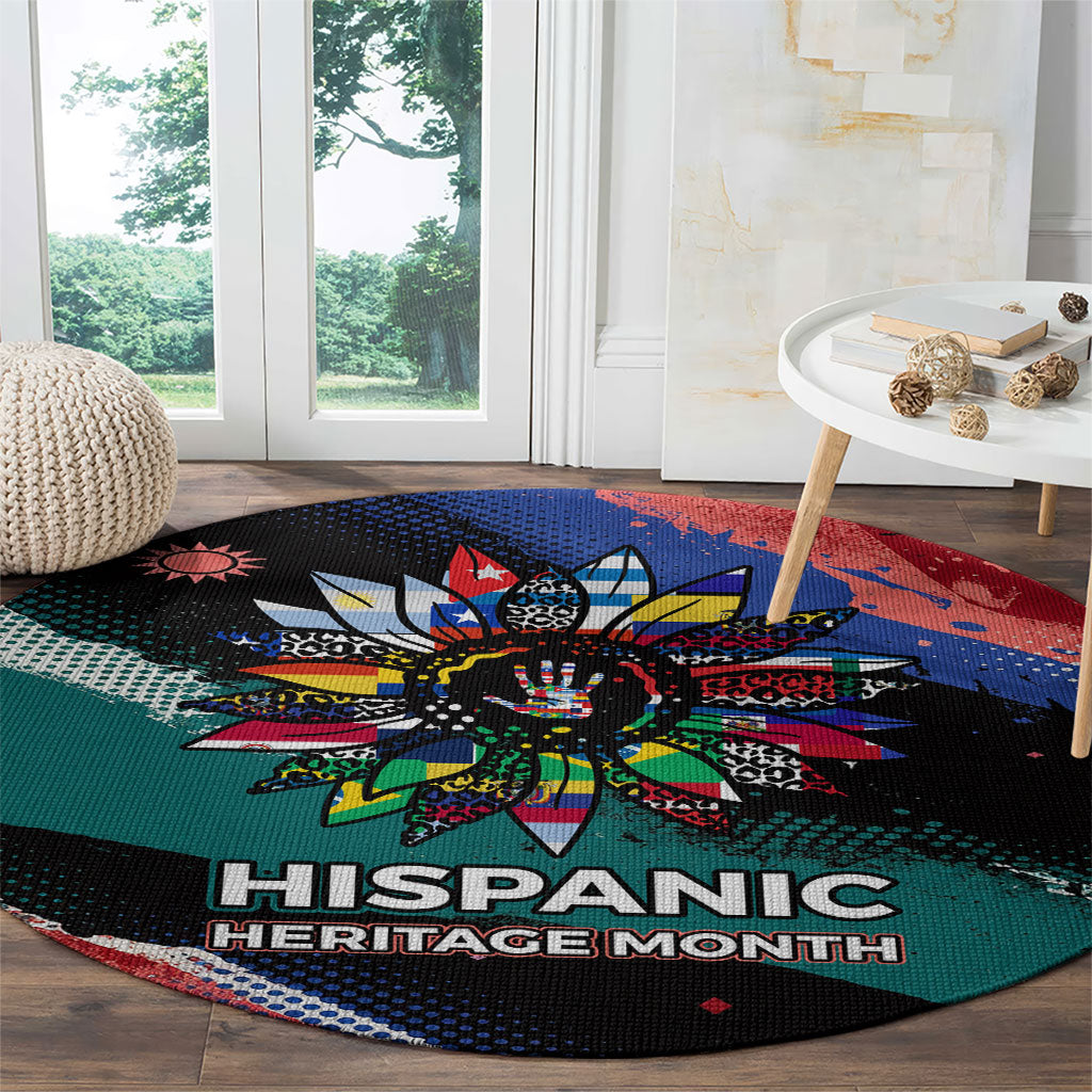 Hispanic Heritage Month Unidos We Rise Round Carpet Vibrant Sunflower Flags - Globe Graphic With Splatter Paint