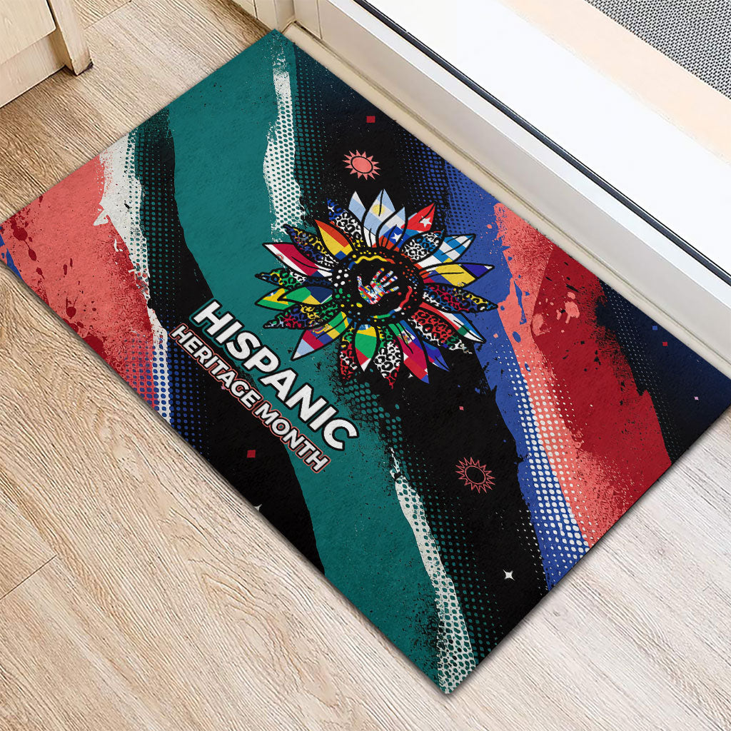Hispanic Heritage Month Unidos We Rise Rubber Doormat Vibrant Sunflower Flags - Globe Graphic With Splatter Paint