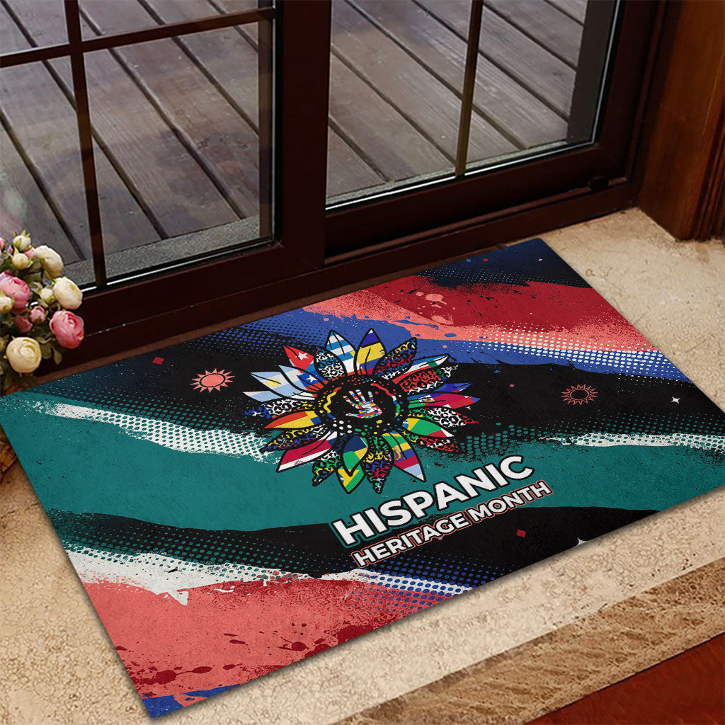 Hispanic Heritage Month Unidos We Rise Rubber Doormat Vibrant Sunflower Flags - Globe Graphic With Splatter Paint
