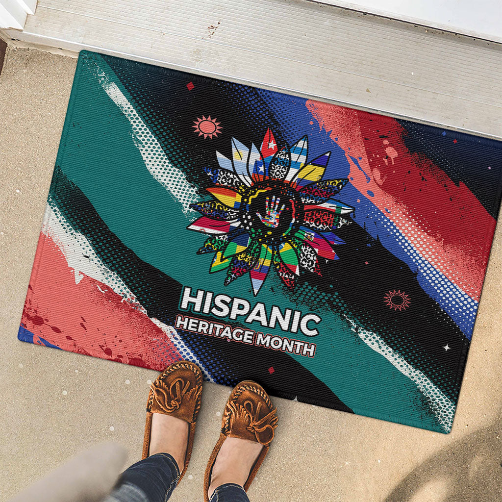 Hispanic Heritage Month Unidos We Rise Rubber Doormat Vibrant Sunflower Flags - Globe Graphic With Splatter Paint