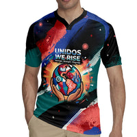 Hispanic Heritage Month Unidos We Rise Rugby Jersey Vibrant Sunflower Flags - Globe Graphic With Splatter Paint
