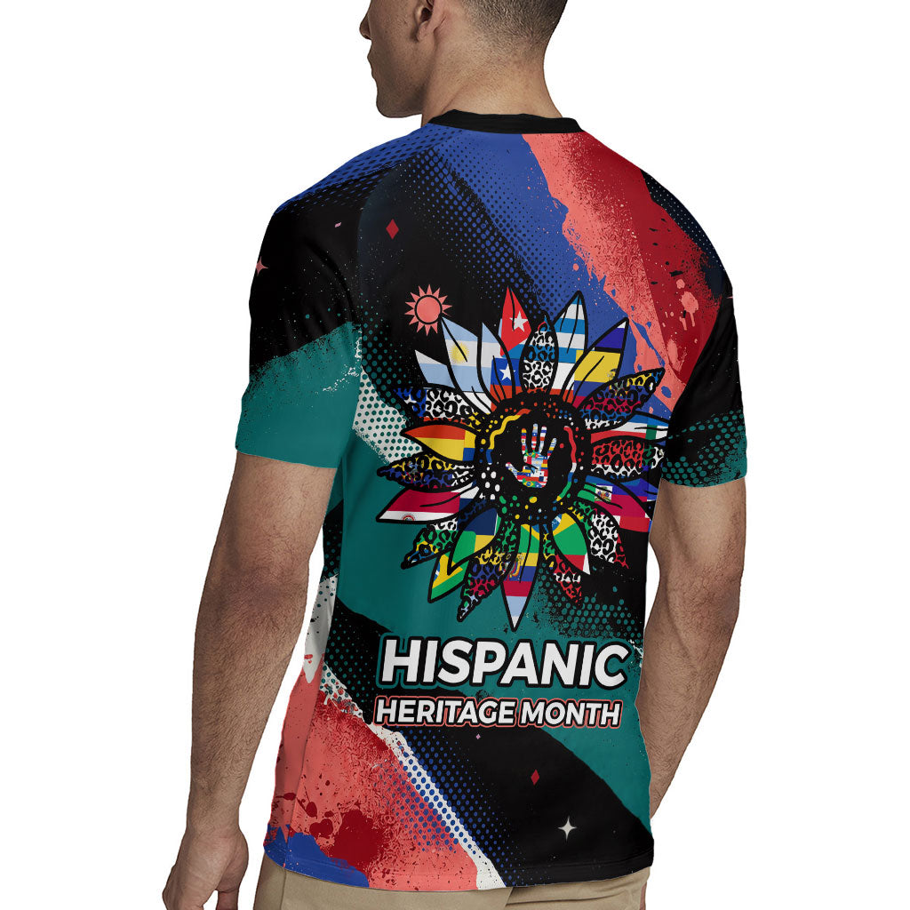 Hispanic Heritage Month Unidos We Rise Rugby Jersey Vibrant Sunflower Flags - Globe Graphic With Splatter Paint