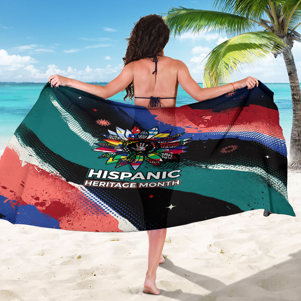 Hispanic Heritage Month Unidos We Rise Sarong Vibrant Sunflower Flags - Globe Graphic With Splatter Paint