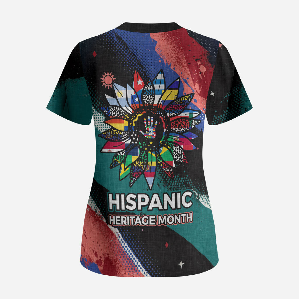 Hispanic Heritage Month Unidos We Rise Scrub Top Vibrant Sunflower Flags - Globe Graphic With Splatter Paint