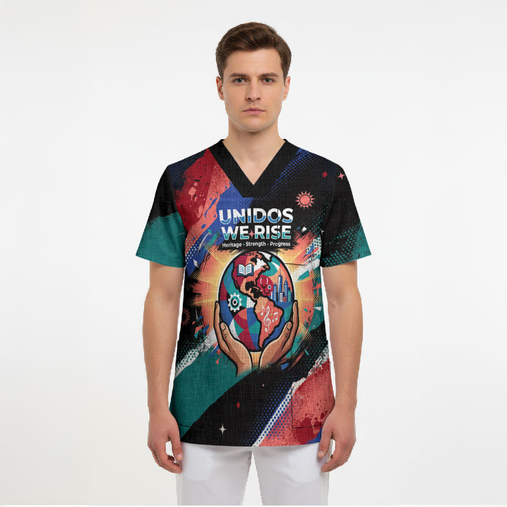 Hispanic Heritage Month Unidos We Rise Scrub Top Vibrant Sunflower Flags - Globe Graphic With Splatter Paint